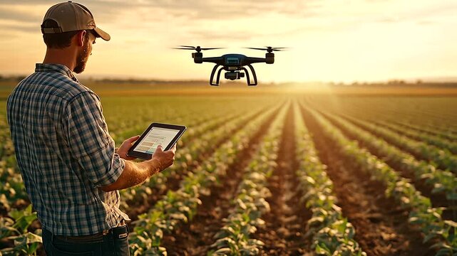 Farmer Using Drone for Crop Monitoring in Sustainable Agriculture