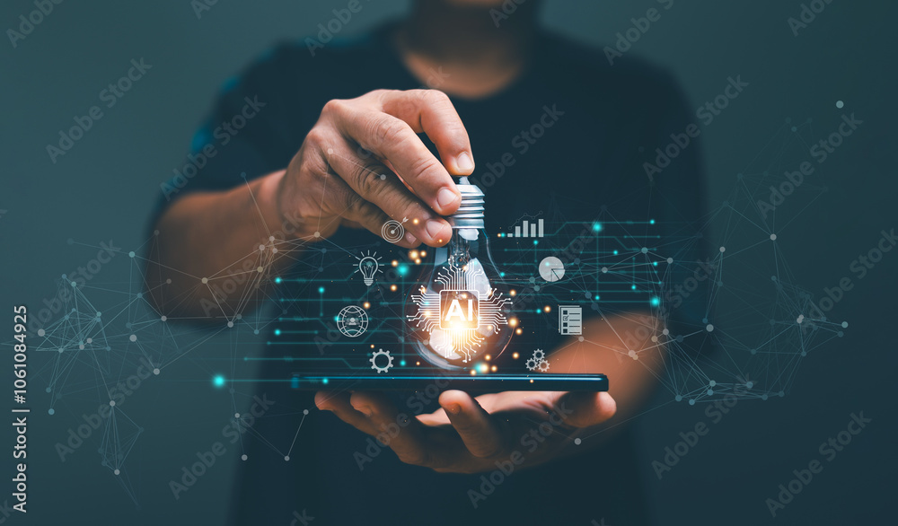 Poster artificial intelligence concept, innovative ai technology for business, businessman holding lightbul