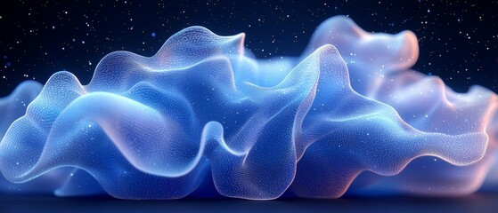 Abstract, ethereal wave-like structure with soft colors and a starry background.