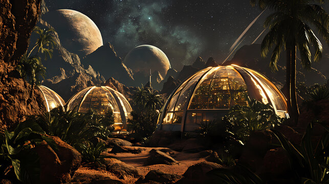 A bio-dome habitat on a distant planet, where colonists live in harmony with the alien flora and fauna surrounding them. illustration. Alien Flora and Fauna. Illustration