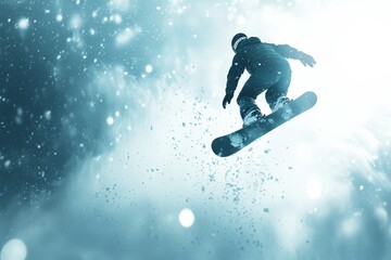 professional snowboarder doing a backflip with snowflakes and mist creating a dramatic visual effect - extreme sports cool illustration poster