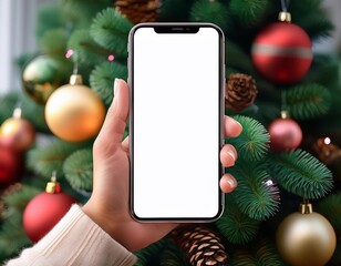 Woman holding smartphone with blank screen in front of christmas tree