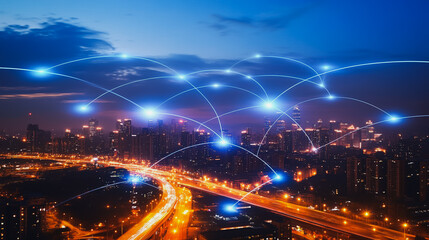 Fototapeta premium Smart digital city with connection cyber security network reciprocity over the cityscape . future smart wireless digital city and social media networking systems that connects people within the city