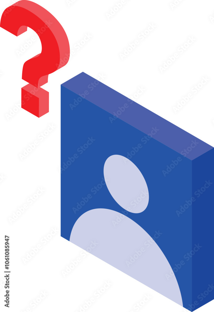 Poster red question mark hovering over blue user profile icon, representing online identity verification, f