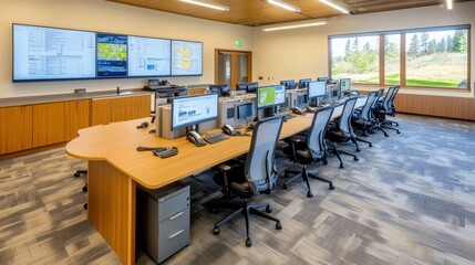 Modern Computer Lab with Large Display Board and Panoramic Windows