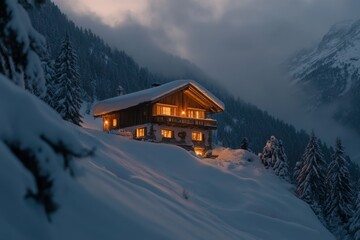 Fototapeta premium hotel chalet in the Alps at sunset, the warm glow of lights contrasting against the cold, snowy winter landscape