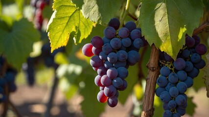 Fototapeta premium Close-up view of red grapes hanging from vine in vineyard