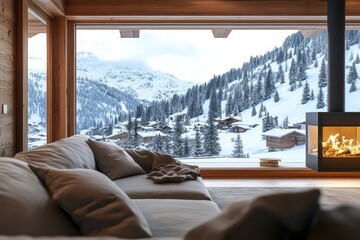 wooden hotel chalet interior with a large, inviting sofa in front of a crackling fire in fireplace...