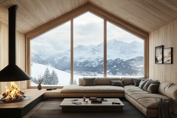 wooden hotel chalet interior with a large, inviting sofa in front of a crackling fire in fireplace , wooden walls, and a panoramic window showing a snowy alpine landscape