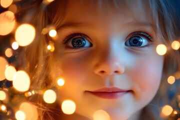 little girl face illuminated by the soft glow of Christmas lights, child's eyes wide with wonder and amazement, xmas magic
