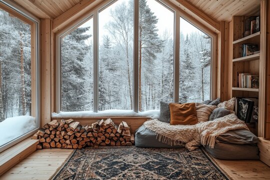 Fototapeta christmas vacation place - hotel wooden interior chalet loft space converted into a cozy reading nook, with a pile of firewood, a vintage rug, and large windows showing a snowy forest