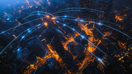 Fototapeta premium Smart digital city with connection cyber security network reciprocity over the cityscape . future smart wireless digital city and social media networking systems that connects people within the city