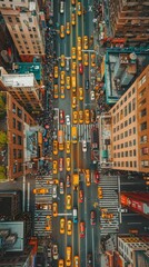 Obraz premium Aerial drone view of a bustling city skyline with towering modern skyscrapers and high rise buildings crowded streets filled with cars buses