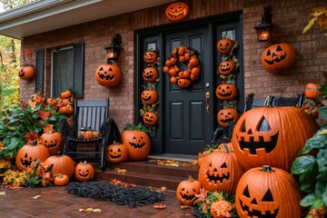 The front porch is decorated for Halloween with pumpkins and jack-o-lanterns, flowers, gray and white, seasonal decorations.