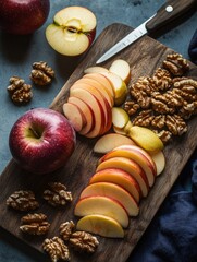 Fresh sliced apples with nuts on a wooden cutting board.