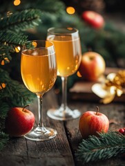 Wine glasses with apple cider near a festive setting of garland and apples.