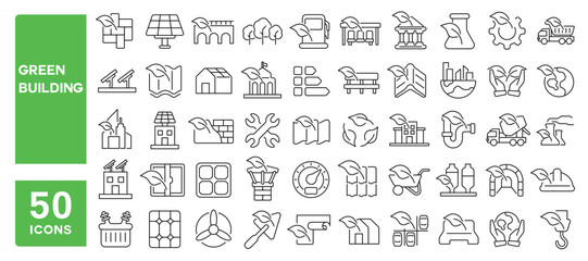 Set of 50 line icons related to green building, sustainable, construction, eco, home, concrete, green, bio, plant, city, housing, Editable stroke. Vector illustration
