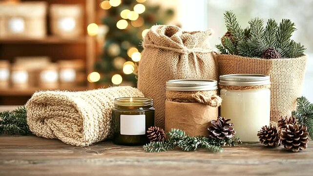 Handmade Holiday Gifts in Eco Friendly Packaging on Wooden Table