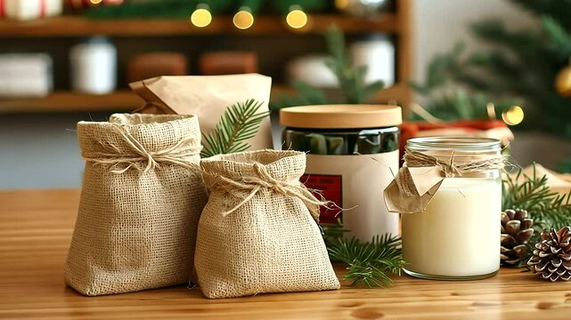 Handmade Holiday Gifts on Wooden Table with Eco Friendly Packaging