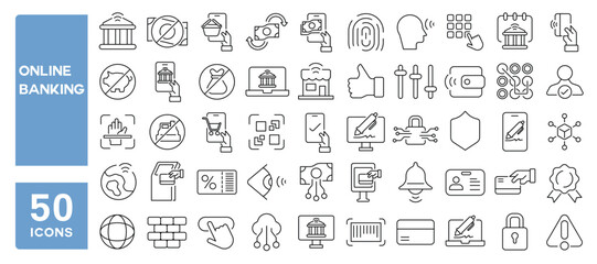 Set of 50 line icons related to online banking, mobile, transfer, wallet, internet, currency, pay, digital, account, bank, transaction, Editable stroke. Vector illustration