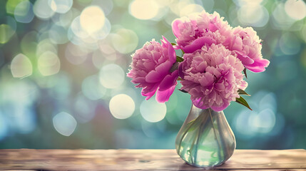 Pink Peonies in Vase: Pink peonies arranged in a vase with a bokeh background, creating a soft, retro-styled photo.