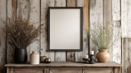 Rustic living room with mockup frame on white wall above wooden dresser and wood paneling.