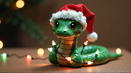 New Year's wooden green snake in a Santa Claus hat, wrapped in an LED garland, kawaii expression in the eyes