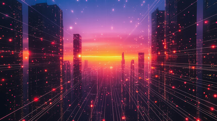 Smart digital city with connection cyber security network reciprocity over the cityscape . future smart wireless digital city and social media networking systems that connects people within the city