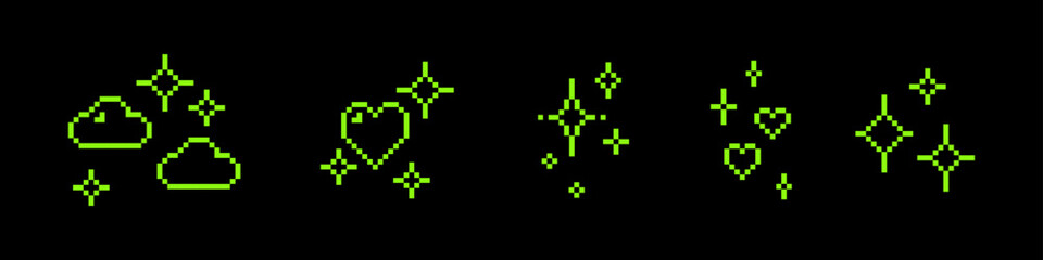 Glittering vector elements on black. Cute pixel art with sparkle, clouds, heart, star. Mood of 90's aesthetics. 8-bit retro style icon set. Simple geometric shape for poster, collage, creative designs