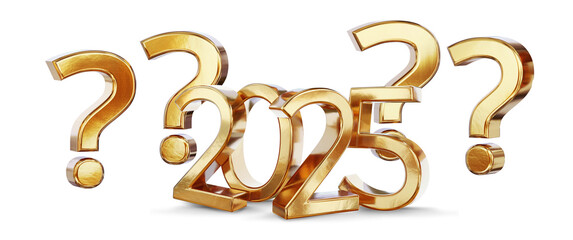 question marks symbol icon and year 2025, bold letters number 2025 as new year and sylvester as luxury and good best changes, isolated gold metallic glossy shiny color