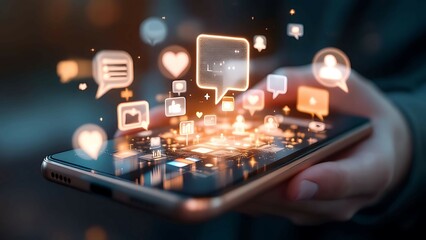 a person holding a cell phone with social icons coming out of it and a glowing screen in the background, Edi Rama, futurism, technology