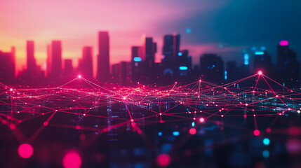 Fototapeta premium Smart digital city with connection cyber security network reciprocity over the cityscape . future smart wireless digital city and social media networking systems that connects people within the city