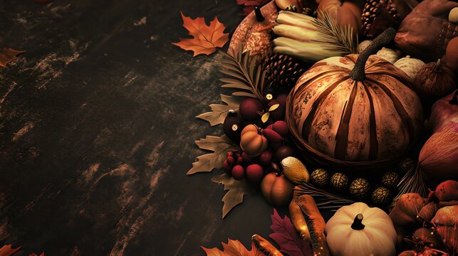 Charming autumn-themed illustration featuring pumpkins, candles, and maple leaves, perfect for party and event invitations with a Thanksgiving vibe. Ideal for festive decorations, seasonal promotions,