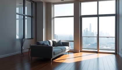 Fototapeta premium A cozy, minimalist modern apartment with large windows, a sleek wooden floor, and a comfortable living area with a plush sofa.