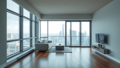 Obraz premium A cozy, minimalist modern apartment with large windows, a sleek wooden floor, and a comfortable living area with a plush sofa.