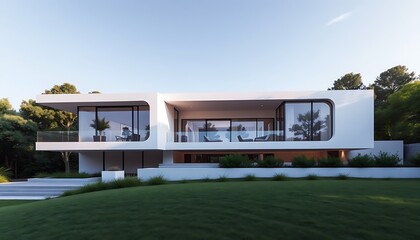 A sleek, minimalist modern house with large windows, a flat roof, and a seamless blend of interior and exterior spaces, surrounded by lush greenery and a tranquil atmosphere.