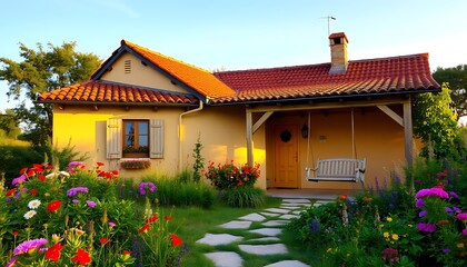 A picturesque countryside cottage with a warm beige exterior, a rustic red-tiled roof, and a cozy porch featuring a gently swaying swing.