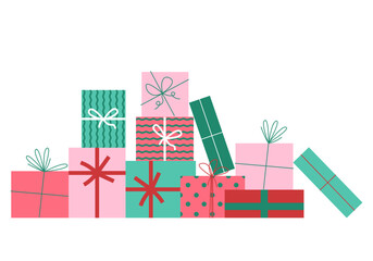 Happy birthday. Merry Christmas. Gifts with bows and ribbons. Stack of colorful present gift boxes. Set of wrapped gift boxes isolated on background. Sale and shopping