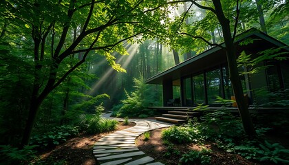 Fototapeta premium A serene, modern retreat nestled deep within a vibrant, emerald forest, where the gentle slope of the roof and expansive windows blend seamlessly into the surrounding foliage.