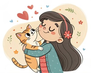 Obraz premium girl loves a lot with the cat cute tender illustration