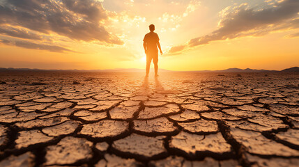 Person Standing in a Drought-Affected Field: A Stark Representation of Environmental Degradation and Agricultural Challenges
