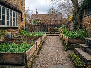 The backyard is well-cultivated with a variety of vegetables in neat beds and surrounded by a stone path, creating an organized and serene environment for gardening.