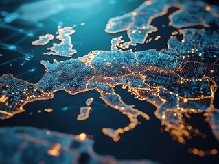 Illustration of Europe as a digital map with glowing nodes representing connectivity, symbolizing the advanced digital and technological innovation within the European Union.