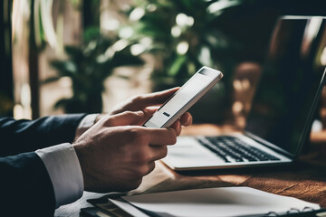 Biznesmen trzymający rękę na pulsie i korzystający ze smartfona
