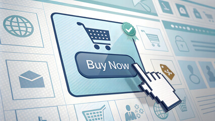 Interactive online "Buy Now" button with shopping cart icon, e-commerce concept, modern digital shopping, copy space