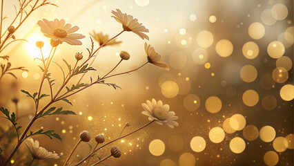 Fototapeta premium Delicate flowers with golden bokeh background and warm sunlight creating a dreamy atmosphere