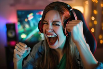 A woman wearing a gaming headset is seen making an excited gesture with her fists, suggesting she's just won a game or is celebrating a victory.