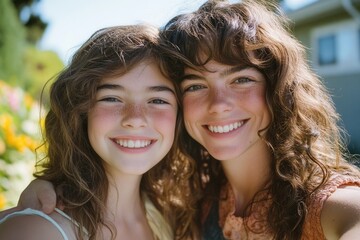 Woman holding her child's shoulder, both happy in a garden setting.