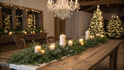 An elegant table setting featuring a lush garland running along the center of a rustic wooden table. The garland is adorned with twinkling fairy lights and complemented by several beautifully arranged