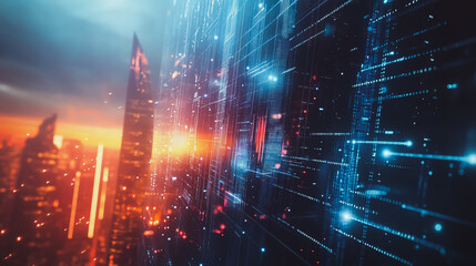 Fototapeta premium Smart digital city with connection cyber security network reciprocity over the cityscape . future smart wireless digital city and social media networking systems that connects people within the city